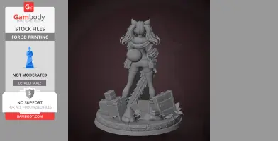 A 3D model of a character with long hair, holding a weapon, standing amidst boxes and stones.