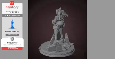 A 3D-printed figure of a character with a tail and ponytail, standing on a base with scattered objects.