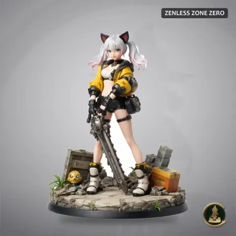 Female character with cat ears holding a sword, standing on a detailed base with rubble and a crate.