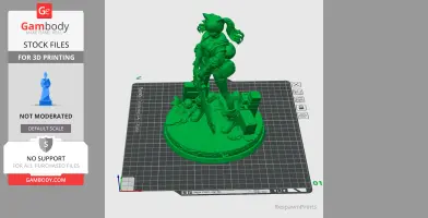 A detailed 3D model of a female warrior with animal ears, holding a large weapon, standing on a themed base.