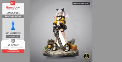 Anime-style character with cat ears, holding a weapon, stands on a detailed rubble base with crates.