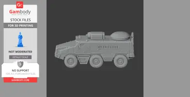 A detailed 3D model of an armored personnel carrier on a dark background, designed for 3D printing.