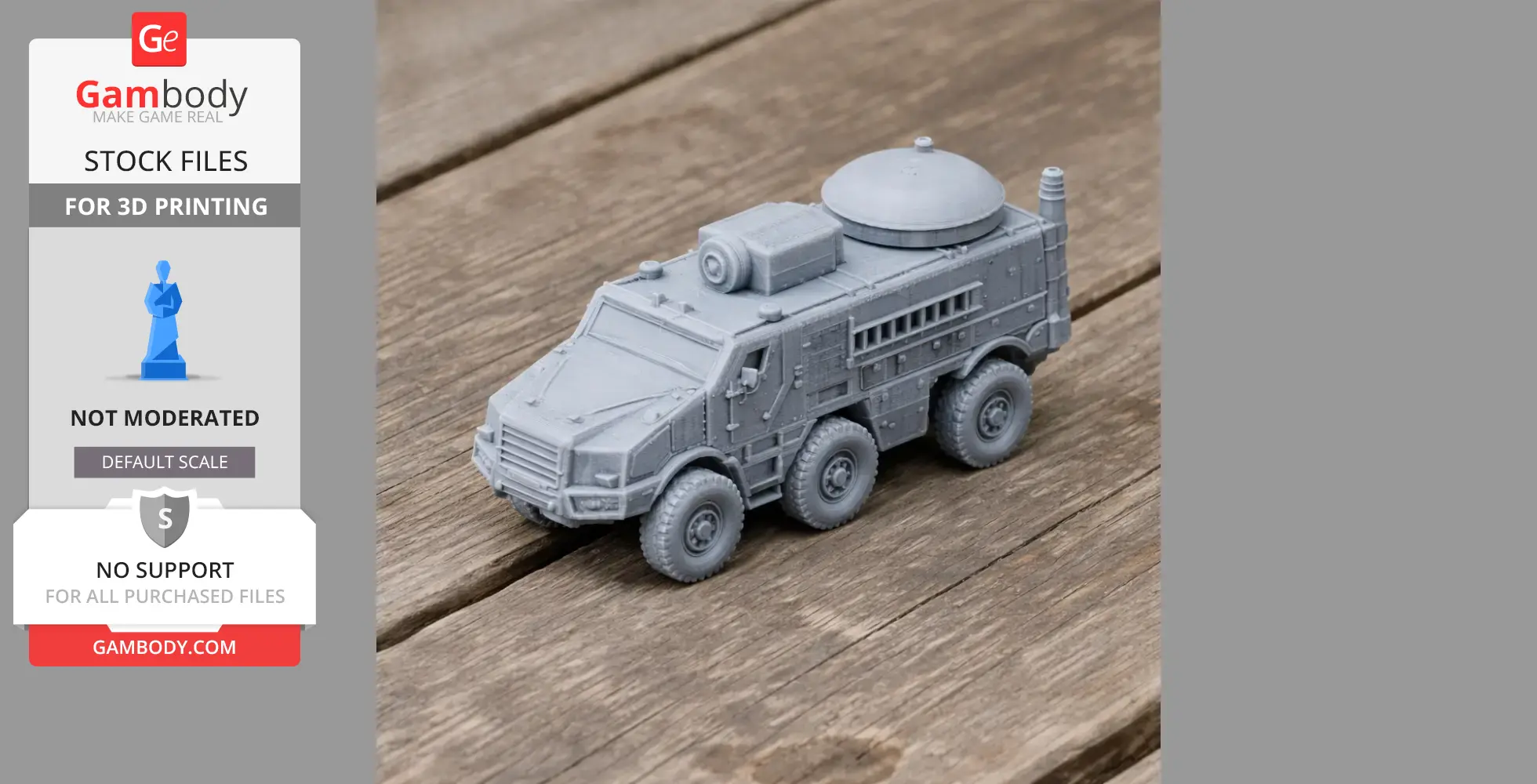 A detailed 3D printed model of an armored personnel carrier with six wheels and dome structure on top.