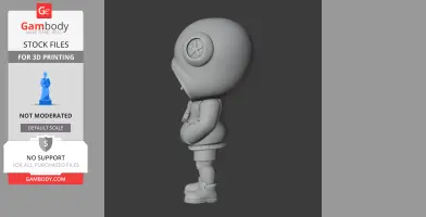 3D model of a cartoonish character in a hoodie and shorts, standing with hands in pockets. Side view.