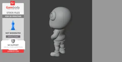 3D model of a stylized character with oversized head and hoodie, viewed from the back, for 3D printing.
