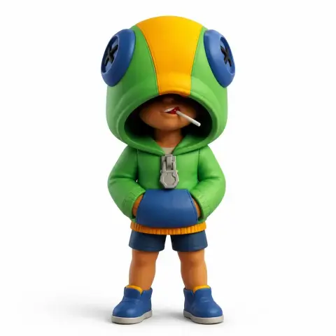 Cartoonish figure in green hoodie with blue accents, lollipop in mouth, hands in pockets.