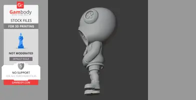 3D model of a hooded character with a large head, standing in profile view, arms down.