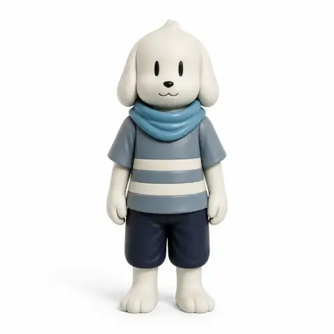 A cartoonish dog figurine wearing a blue striped shirt, scarf, and shorts, standing upright.