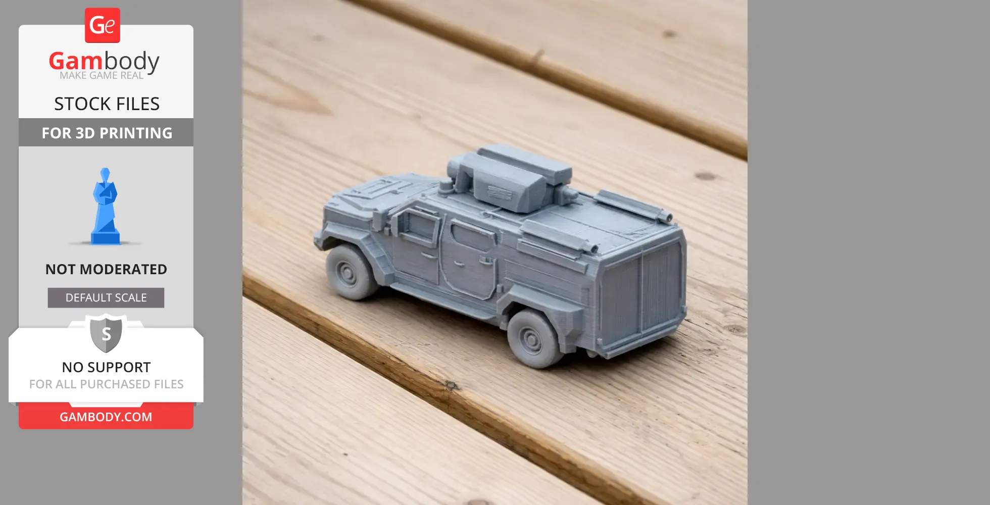 Gray 3D-printed model of the ILGAZ II 4x4 tank on a wooden surface.