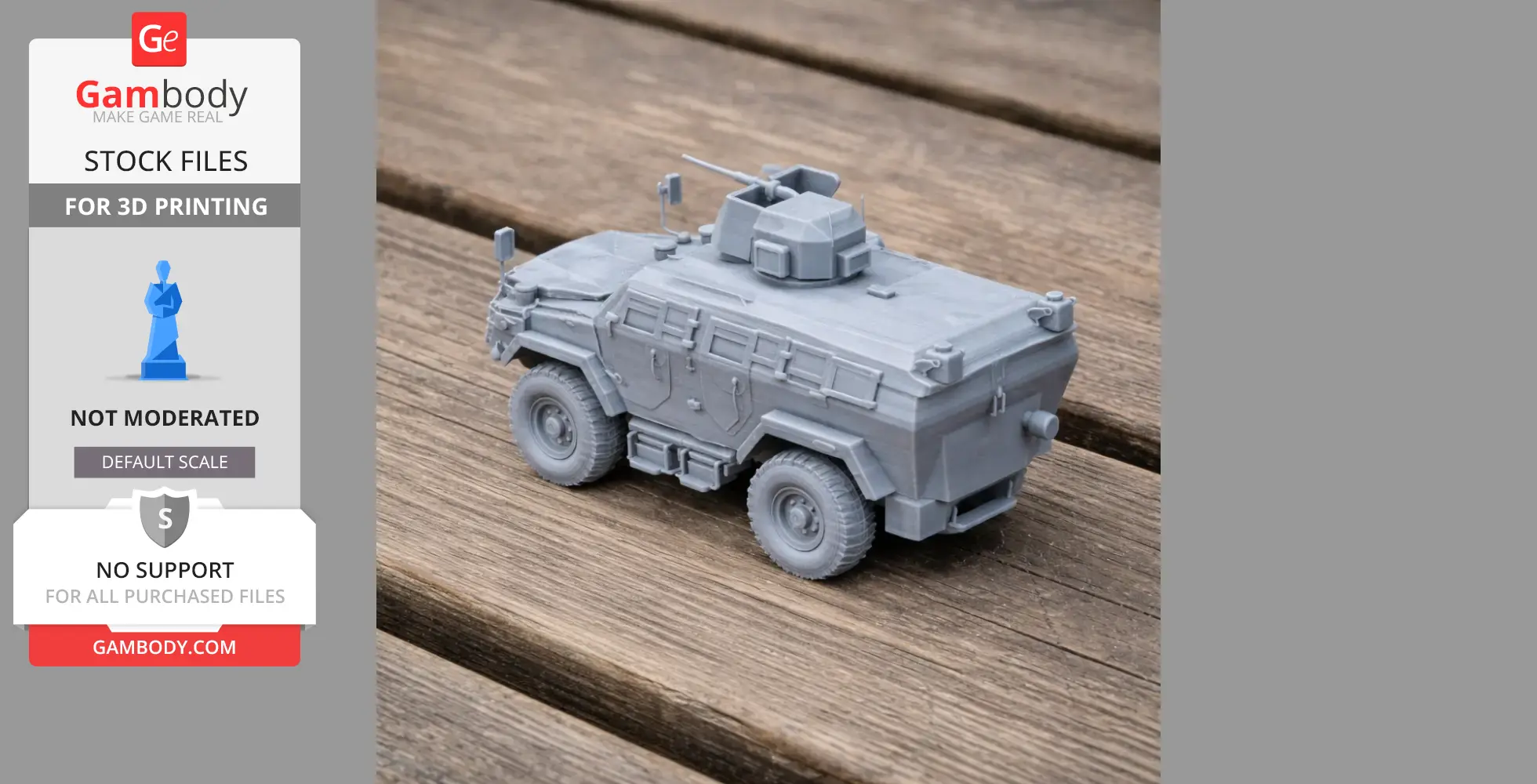 Gray 3D-printed model of an infantry mobility vehicle on a wooden surface, featuring detailed tires and turret.
