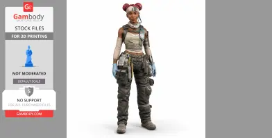 3D model of a character with red hair buns, wearing tactical gear and blue gloves, ready for 3D printing.