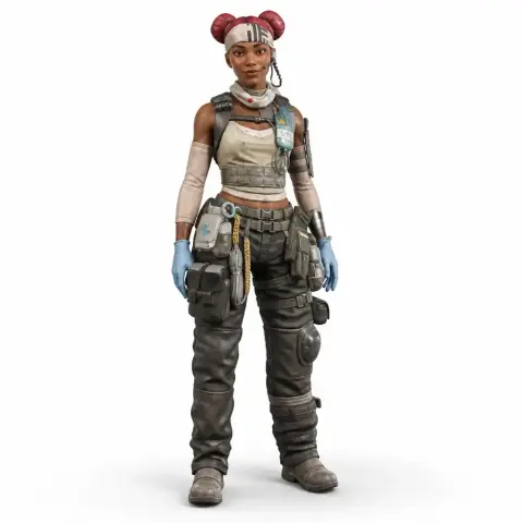 3D-printed figurine of a character in tactical gear with a white top and red hair buns, from Apex Legends.