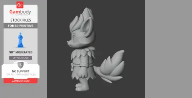 Chibi-style creature with large ears, leafy attire, and bushy tail, standing side profile for 3D print.