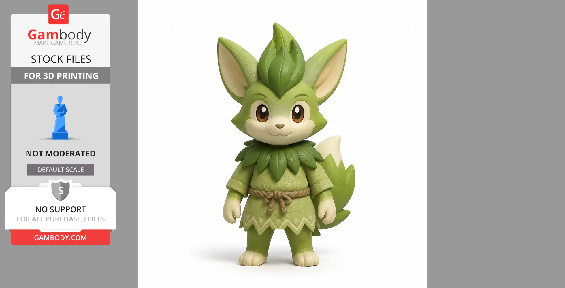 A cute, green, fox-like character with leafy attire and large ears, designed for 3D printing.