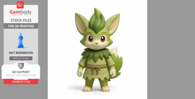 A cute, green, fox-like character with leafy attire and large ears, designed for 3D printing.