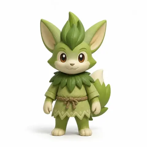 Cute green fox-like figure in leaf outfit with a cheerful expression, designed for 3D printing.