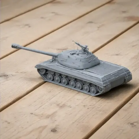3D-printed model of an IS-3 tank with details on tracks and turret, placed on a wooden surface.