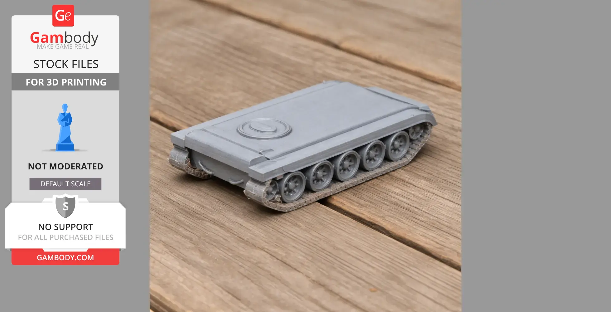 Gray 3D-printed tank model with tracks, shown on a wooden surface.