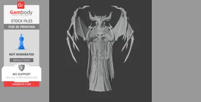 A detailed 3D model of a winged character with ornate armor and horns, designed for 3D printing.