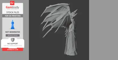 A detailed 3D model of a horned figure with large, intricate wings in a flowing garment.