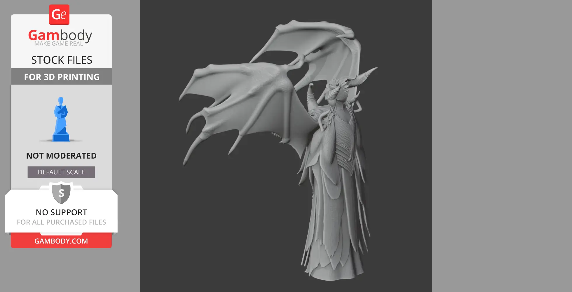 A detailed 3D model of a winged, horned character in ornate armor, designed for 3D printing.