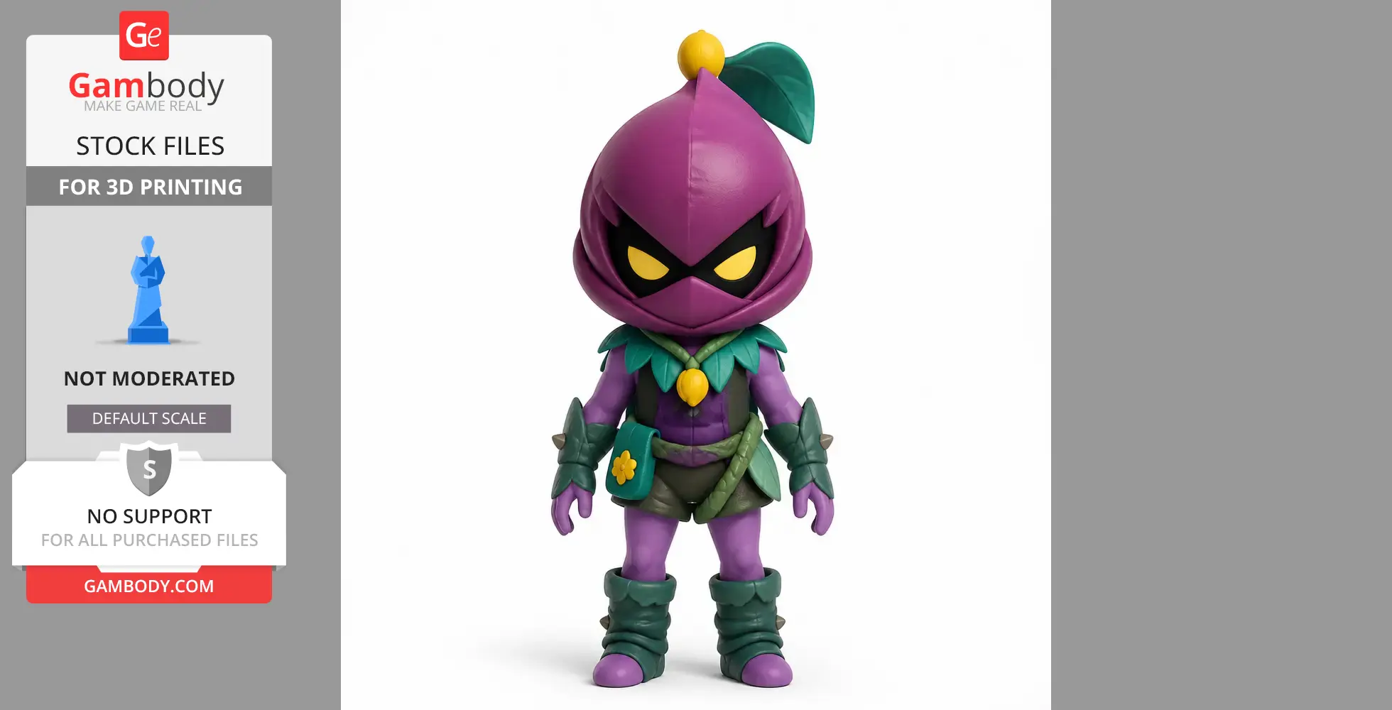 Purple-robed character with yellow eyes, leaf accents, and a small satchel, designed for 3D printing.