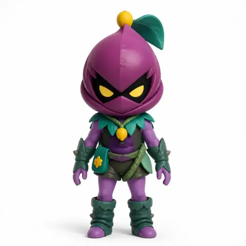 Purple cartoon character figurine with leaf hat, yellow eyes, and green boots, from a video game.