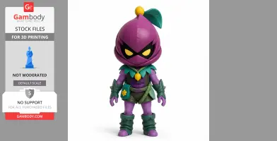 Purple-robed character with yellow eyes, leaf accents, and a small satchel, designed for 3D printing.