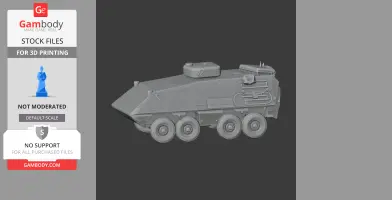 Gray 3D model of the KTO Rys tank with six wheels, designed for 3D printing.