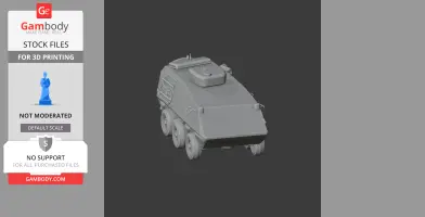 3D printable model of a KTO Rys armored vehicle, six wheels, angled armor design.