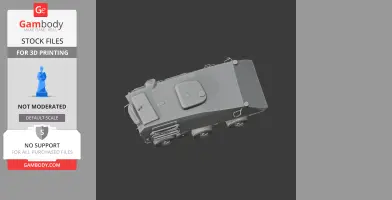 Gray 3D model of an armored tank with six wheels, viewed from a top angle.
