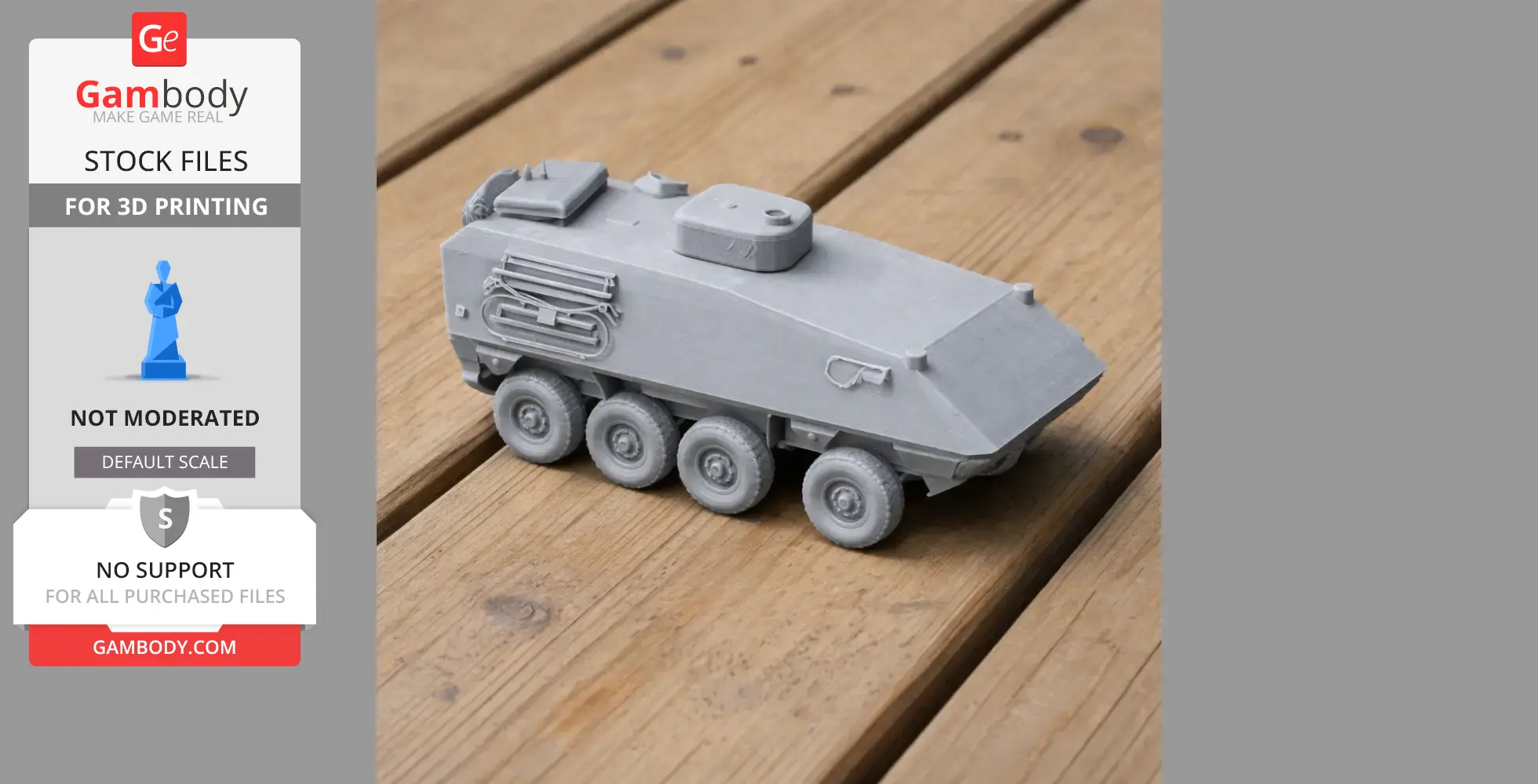 Gray 3D-printed armored vehicle model with six wheels, displayed on a wooden surface.