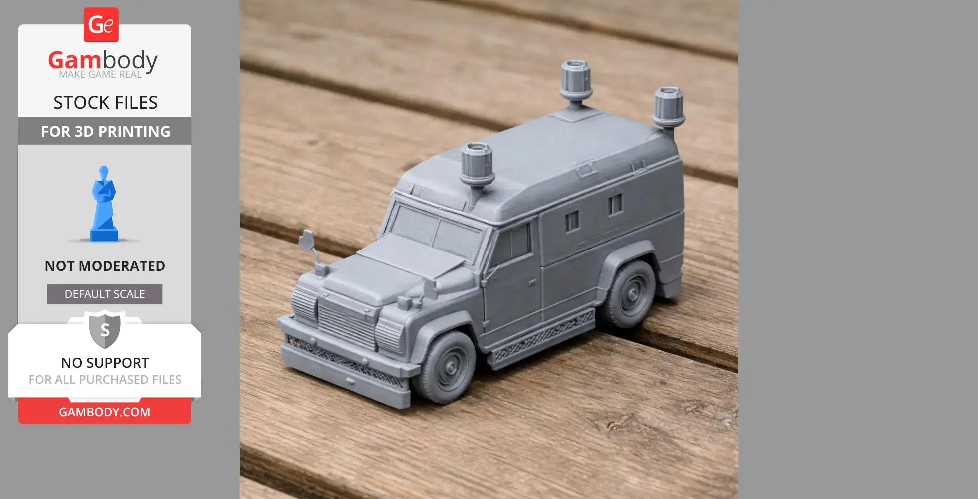Gray 3D-printed Land Rover Tangi tank model on wooden surface, featuring turret details.