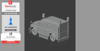 3D model of an armored Land Rover with turrets for 3D printing, displayed on a gray background.