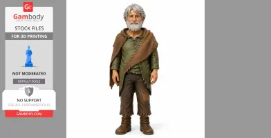 A bearded man figurine with gray hair, wearing patched clothing and a brown cloak.
