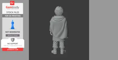 3D printable figurine of a character in a cloak, viewed from the back, standing upright.