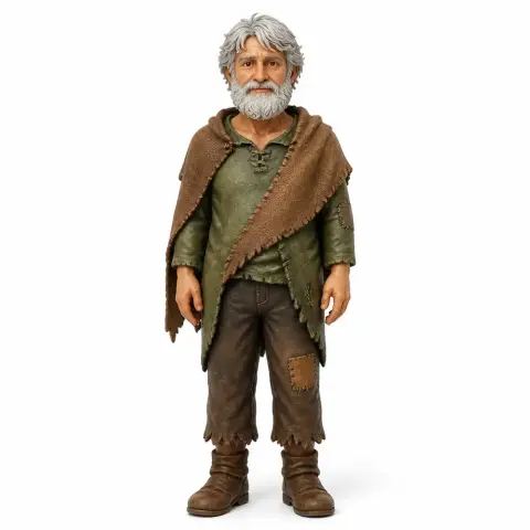 Elderly man figurine with gray hair, beard, worn clothing, and a brown shawl; designed for 3D printing.