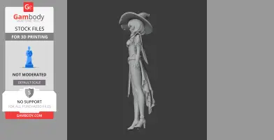 3D model of a female character in a hat and cloak, in a side view pose, for 3D printing.