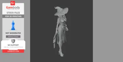 A witch-themed character figurine wearing a large hat and detailed dress, designed for 3D printing.