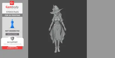 3D model of a robed female character with a wide-brimmed hat and detailed attire, for 3D printing.