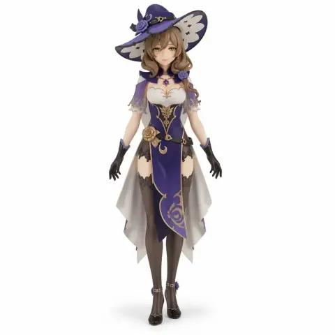 A 3D figurine of a female character in a purple dress and hat, decorated with roses, from Genshin Impact.