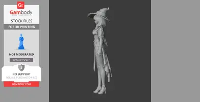 A 3D model of a female character in a hat and flowing outfit, standing in a side view pose.