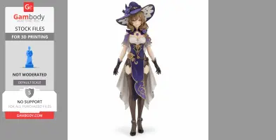 A 3D printed figurine of a character in a detailed purple outfit with a hat, standing elegantly.