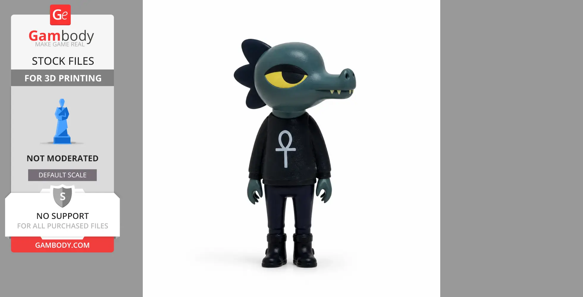 Anthropomorphic dinosaur figure with a dark shirt and an ankh symbol, designed for 3D printing.