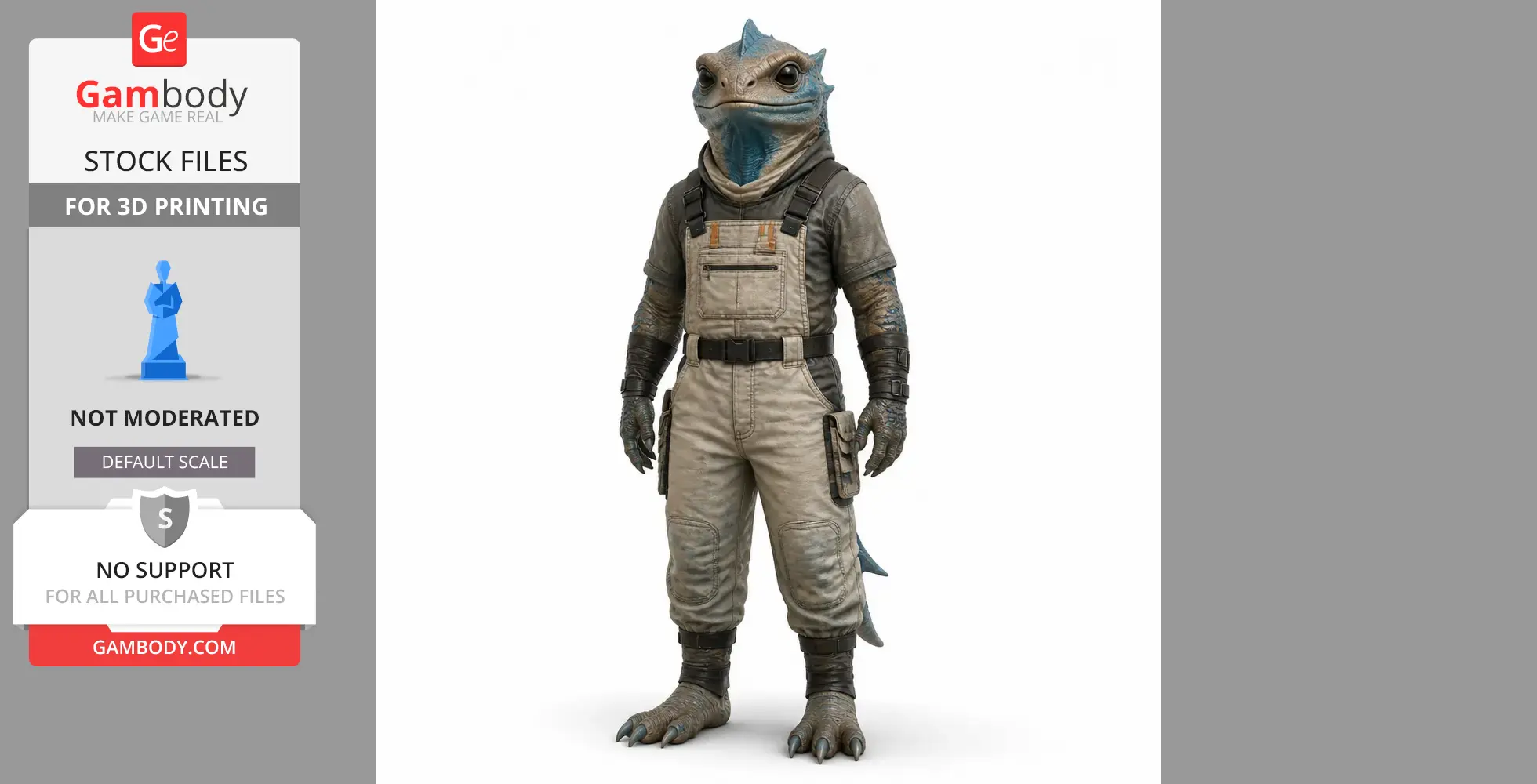 Anthropomorphic lizard character in overalls and gear, designed for 3D printing.