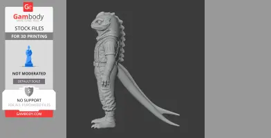 A humanoid lizard creature figurine wearing clothing, designed for 3D printing, shown from the side.