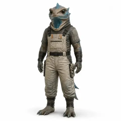 Anthropomorphic lizard character in overalls, standing upright with a blue crest and textured skin.