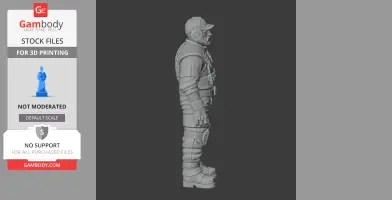 A 3D model of a character in a cap and gear, viewed from the side, designed for 3D printing.