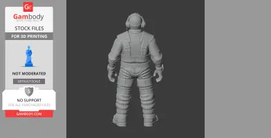 A detailed 3D model of a spaceman-like figure, helmeted and geared, viewed from the back.