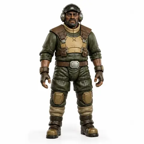 A rugged figurine in green and brown gear, with a beard and headphones, standing upright.